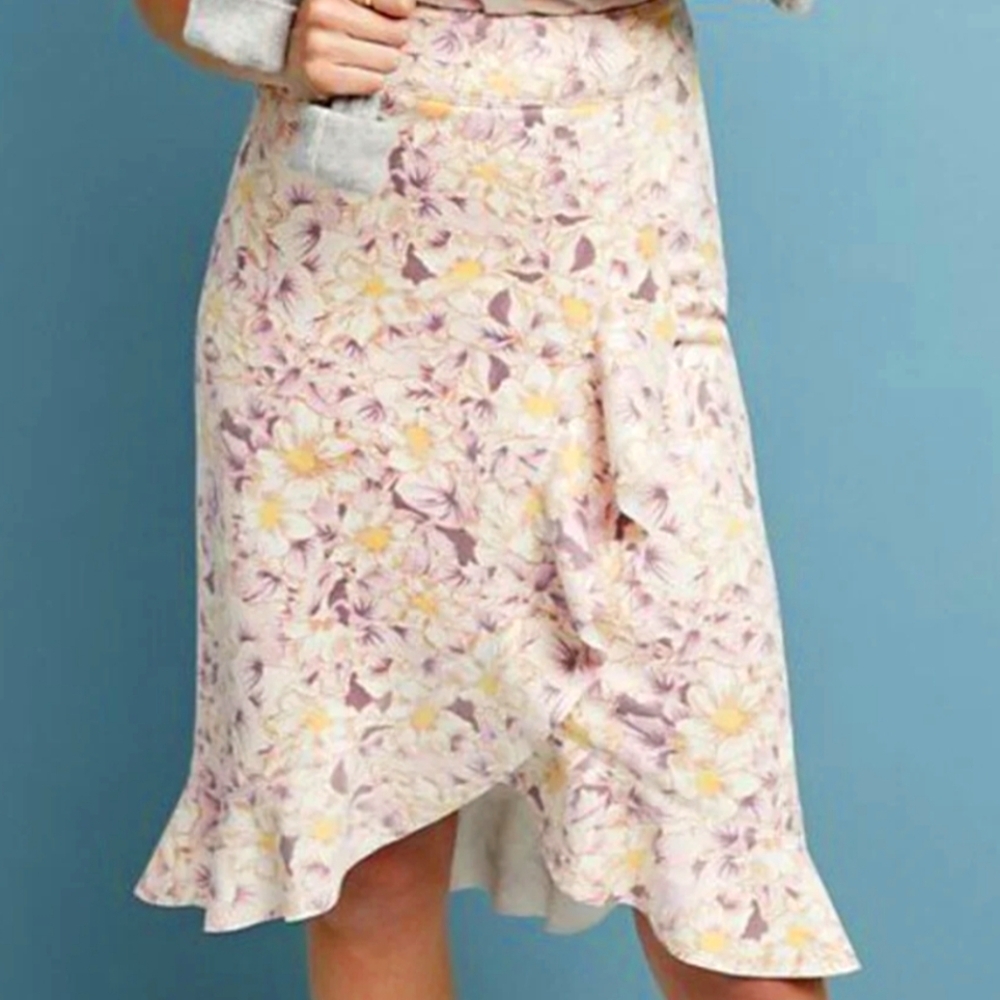 Anthropologie Skye Peach Ruffled Floral Skirt‎ Women's Size 12 NWT Asymmetrical